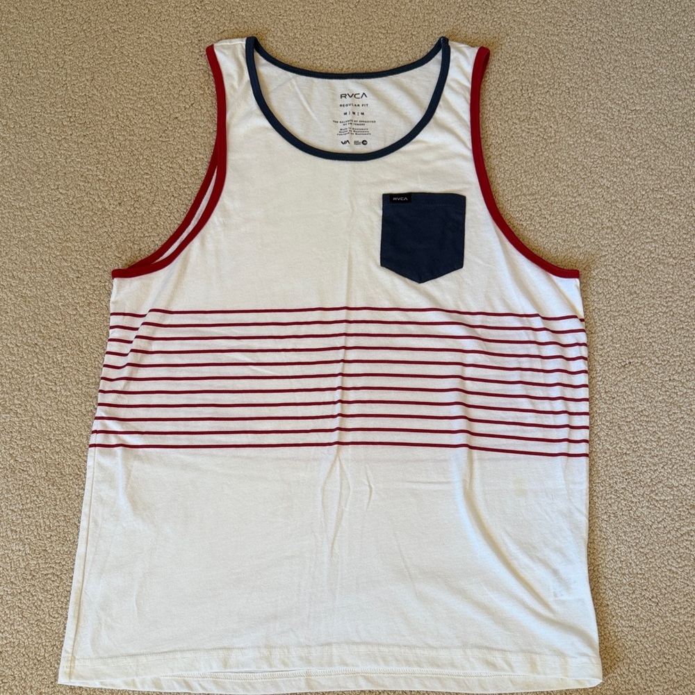 RVCA White Tank with Red Stripe Pattern and Navy Pocket